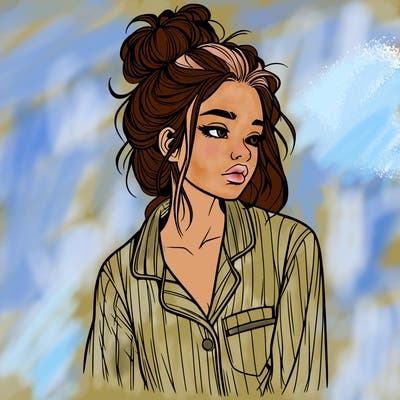 realistic woman with pajamas on and a messy bun