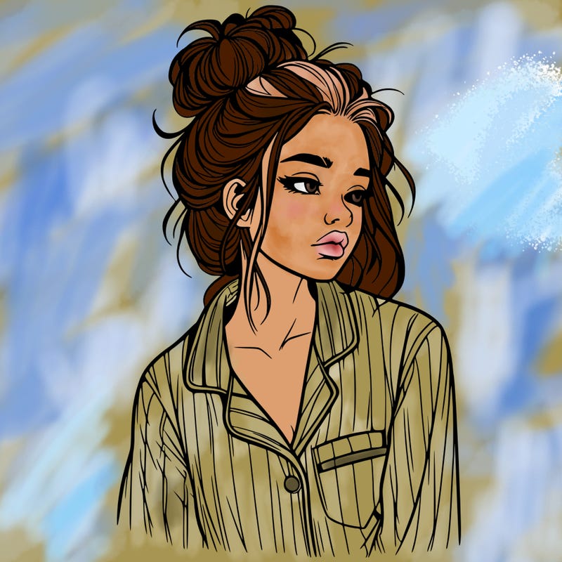 realistic woman with pajamas on and a messy bun