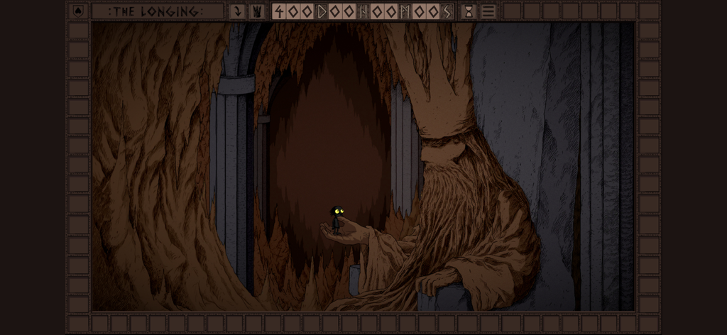 The Longing Mobile - El pequeño personaje Sombra de pie en la mano de un gigante rey de piedra en un trono en un palacio subterráneo