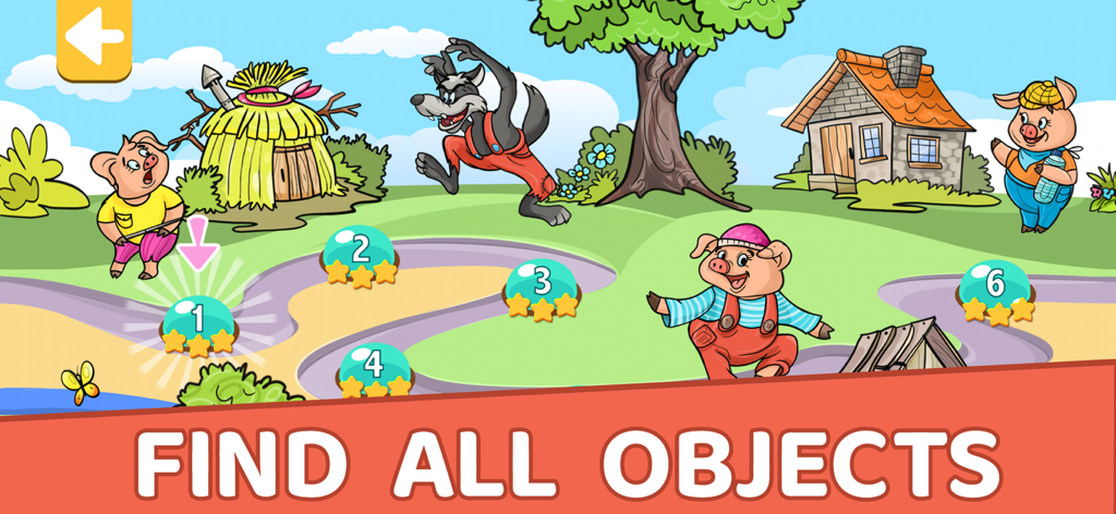 Level-Auswahlkarte mit den drei kleinen Schweinchen und dem bösen Wolf in einem Wimmelbildspiel für Kinder