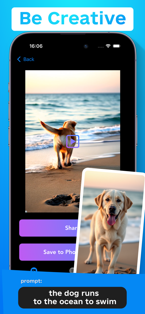 My Video AI - Image To Video - A smartphone screen showing an AI app generating a video of a golden retriever running on a beach from a text prompt.
