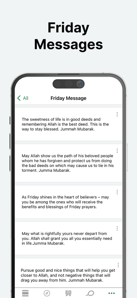 Una lista de mensajes religiosos y saludos de Jummah Mubarak dentro de la función de Mensajes de los Viernes de la aplicación musulmana.