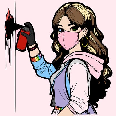 realistic girl with mask spray painting a wall