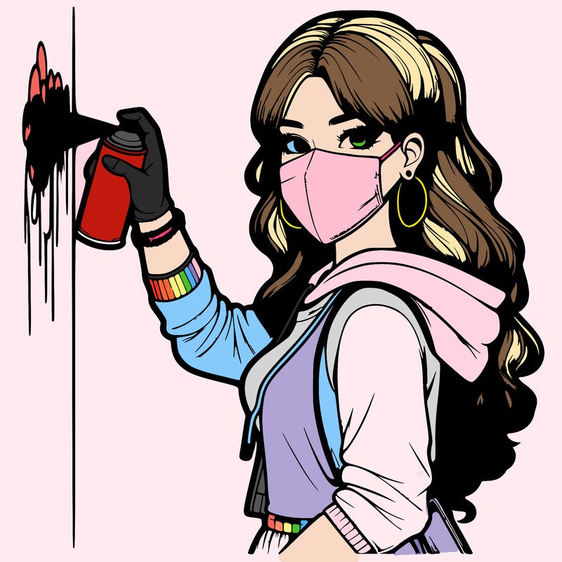 realistic girl with mask spray painting a wall