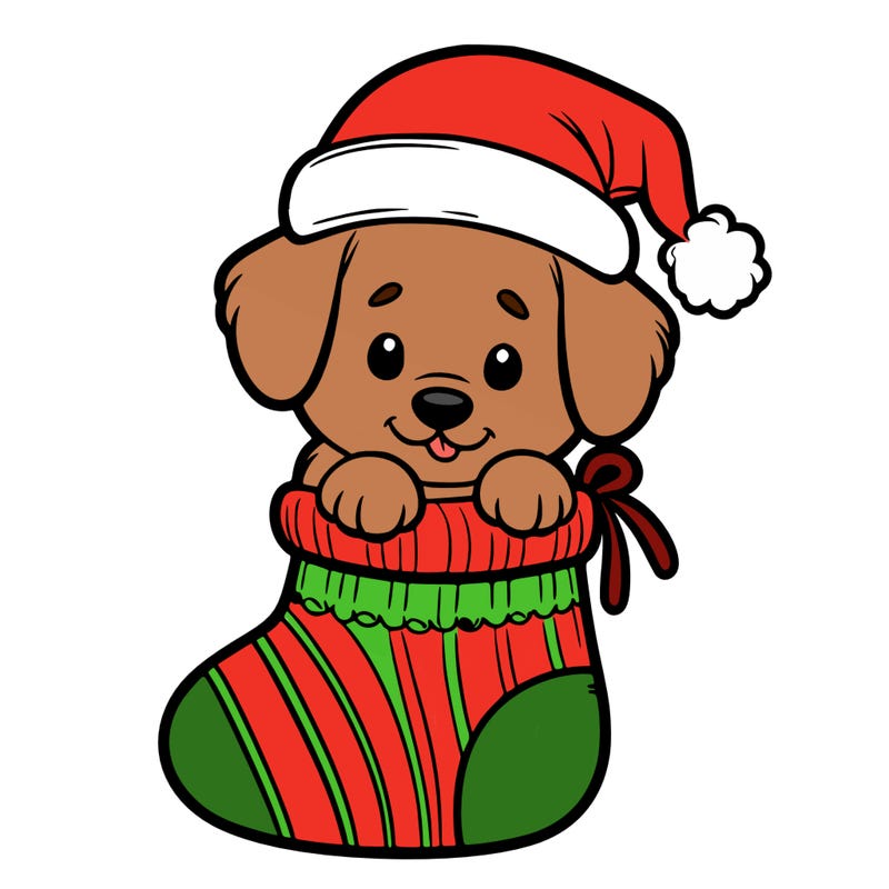 cute puppy wearing santa hat in socking