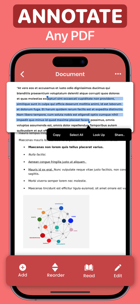 PDF Editor : Document Reader - Mobile app interface showing a PDF document with highlighted text and a context menu for copying and sharing