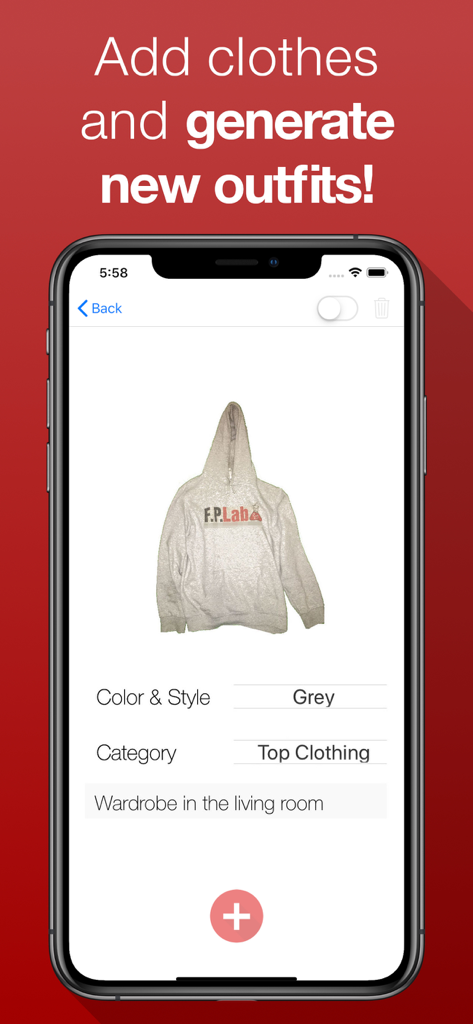 Smartphone screen showing the Outfit Manager app with a grey hoodie being added to a digital wardrobe.