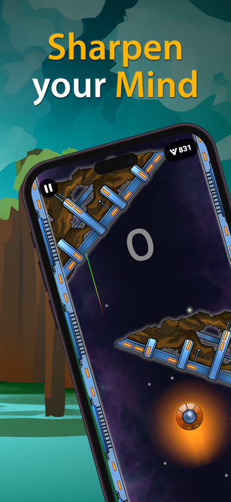 Captura de pantalla de la aplicación Big Time Games mostrando un nivel de arcade con temática espacial y el texto Agudiza tu mente