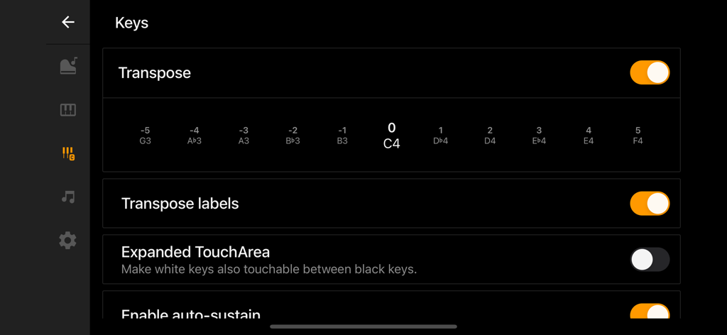Pantalla de configuración de las teclas en Mini Piano Lite que muestra opciones de transposición y área táctil