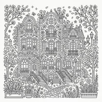 Welcome the beauty of spring with this charming architectural coloring page, featuring intricate buildings bursting with blooming flowers and lush greenery. Dive into a delightful cityscape where every detail celebrates the joy and renewal of the season.