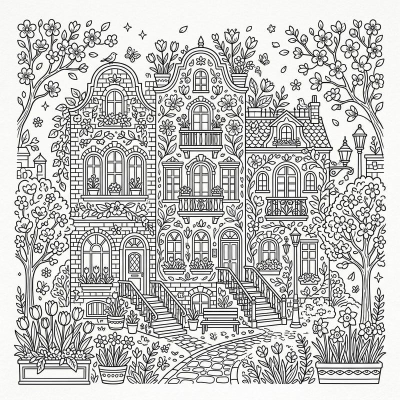 Welcome the beauty of spring with this charming architectural coloring page, featuring intricate buildings bursting with blooming flowers and lush greenery. Dive into a delightful cityscape where every detail celebrates the joy and renewal of the season.