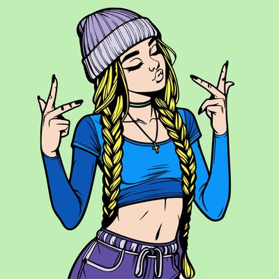 realistic teenage girl with braids and a beanie and crop top doing 🫶🏼