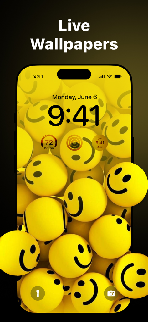 Wallpapers HD, 4K and Live - Una pantalla de bloqueo de iPhone que muestra un fondo de pantalla animado 3D de una carita sonriente amarilla y vibrante