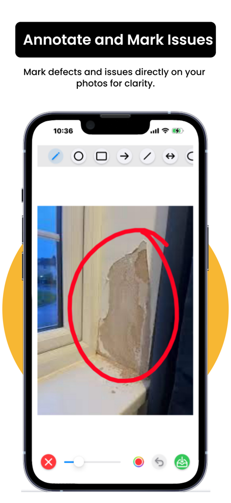 SnagBricks app interface showing a red circle annotation on a photo of a wall defect