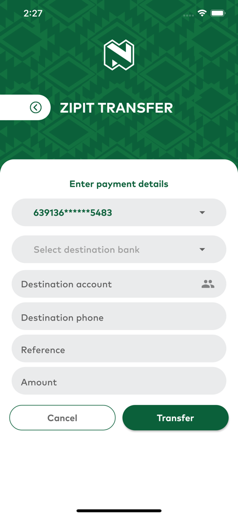 Nedbank Mobile Banking ZIPIT送金画面。