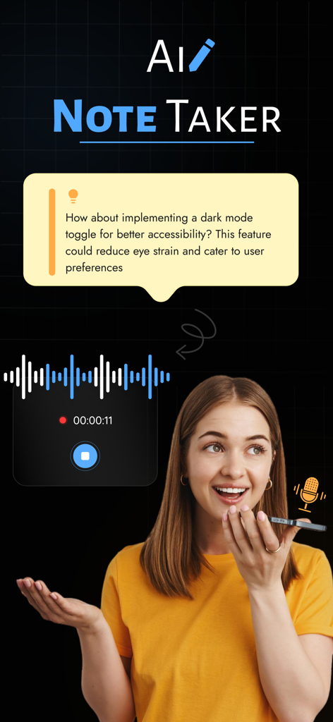 AI Note Taker : Voice Note AI - Eine Frau nimmt eine Sprachnotiz in der AI Note Taker App auf, über der eine automatisch generierte Textzusammenfassungsblase erscheint.