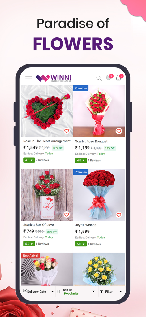 Winni - Cake, Flowers & Gifts - Winni app interface showing various flower bouquets for delivery in India