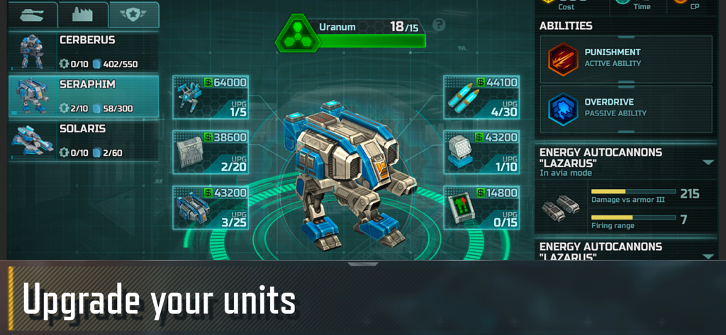 Interfaz para mejorar una unidad mecha Seraphim con mejoras de armas y habilidades en Art of War 3