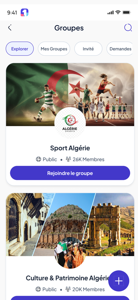 1tik - Interface of the 1tik app showing Algerian community groups for sports and culture with options to explore and join.