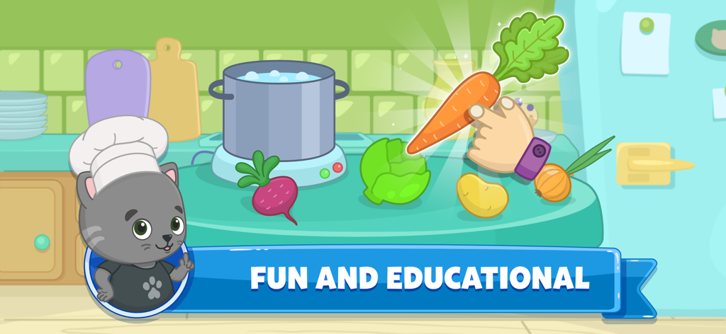 Chef chat cartoon avec des légumes et une marmite dans un jeu éducatif pour enfants