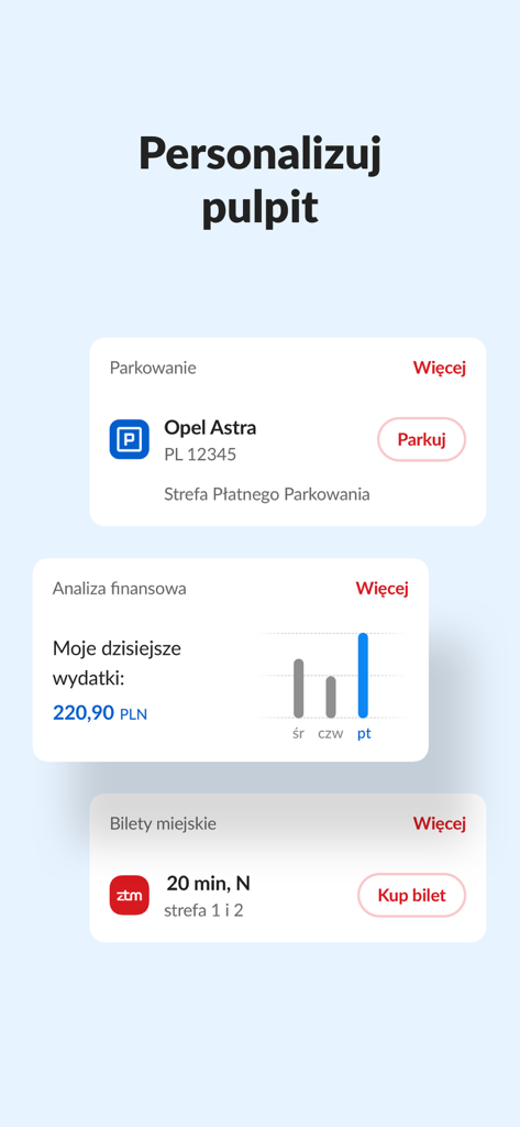 Captura de pantalla de la aplicación PeoPay que muestra widgets personalizables para pagos de estacionamiento, gráficos de análisis financiero y boletos de transporte público de la ciudad