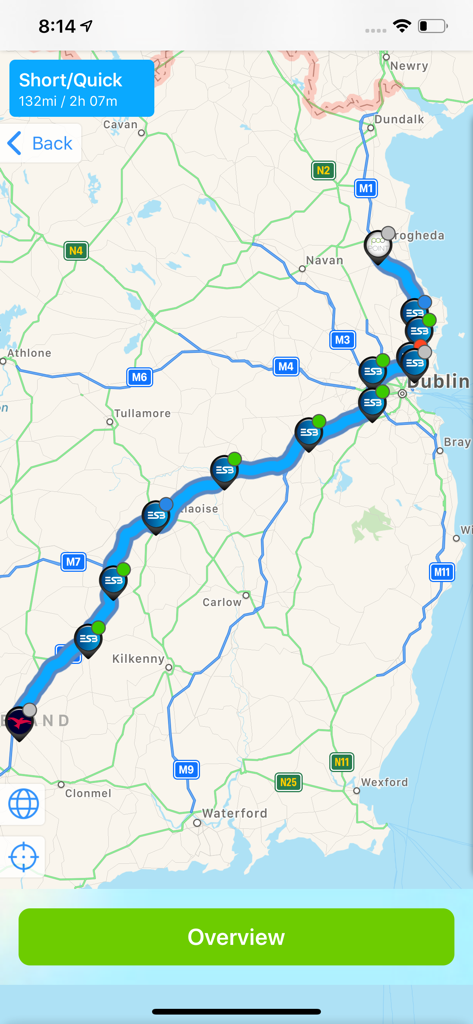 WattsUp app interface showing a planned driving route with multiple rapid charging station icons on a map