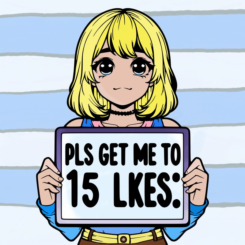 realistic girl holding up a sign that says “pls get me to 15 likes!”
