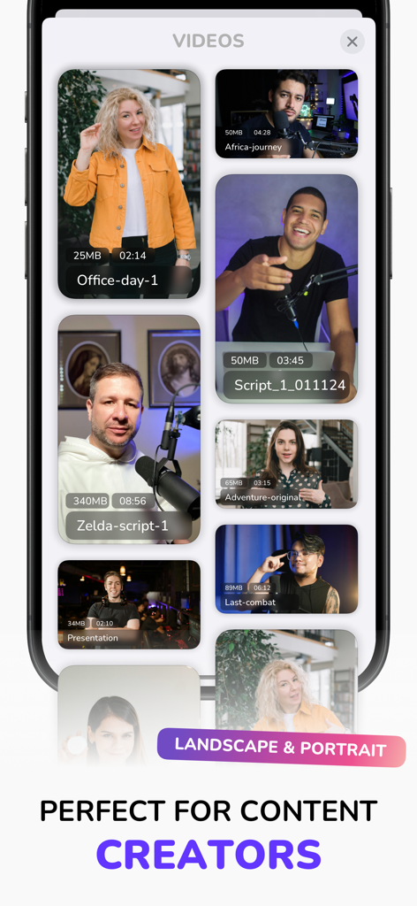 Teleprompter App - Autokue - Uma tela de celular mostrando a biblioteca de vídeos do aplicativo Autokue com várias gravações em paisagem e retrato para criadores de conteúdo