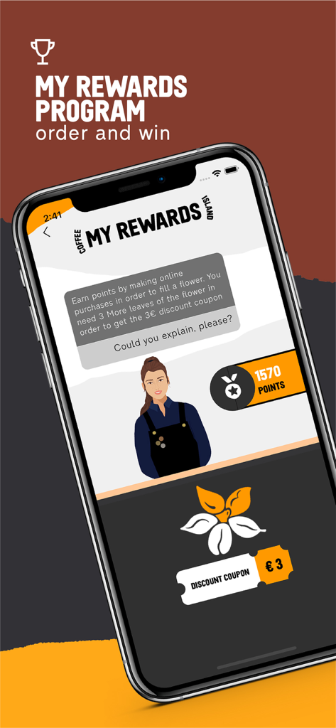 My Coffee Island - My Coffee Island app screen displaying the rewards program with point totals and discount coupons
