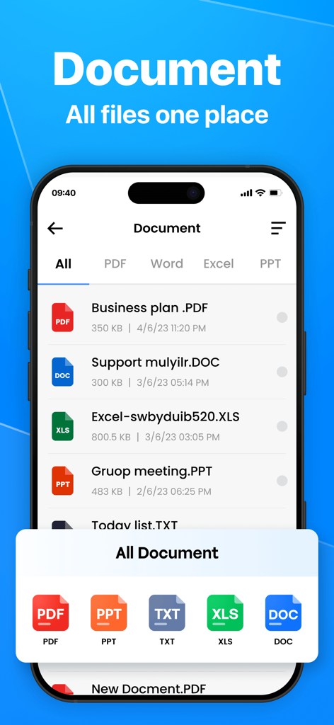 File Manager - File Organizer - Interfaccia dell'app File Manager che visualizza un elenco di documenti PDF Word Excel e PPT organizzati in un unico posto.