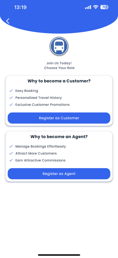 BusSewa - BusSewa app onboarding screen showing registration options for customers and agents