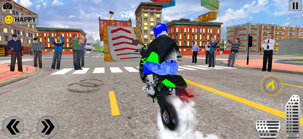 Indian Bike Game KTM Game Sim - Una simulación 3D de un jugador realizando un caballito en una motocicleta verde en un entorno urbano con espectadores