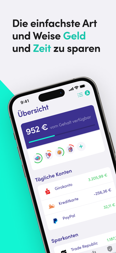 Finanzguru mobile app financial overview dashboard showing available salary balance and linked bank accounts
