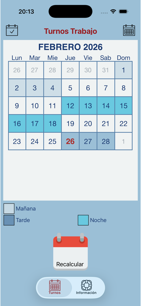 Turnos Trabajo - Interface of Turnos Trabajo app showing a monthly calendar with color-coded work shifts for morning afternoon and night