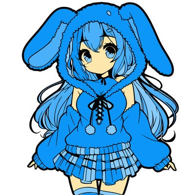pretty anime girl wearing a fluffy hoodie with bunny ears on the hood and a skirt