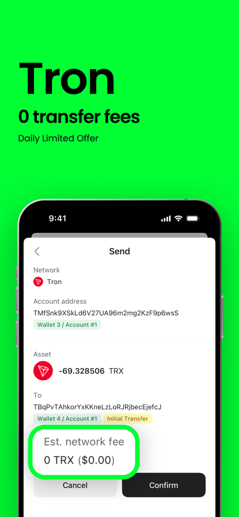OneKey:Crypto & Bitcoin Wallet - OneKey crypto wallet app interface showing a Tron transaction with zero network fees