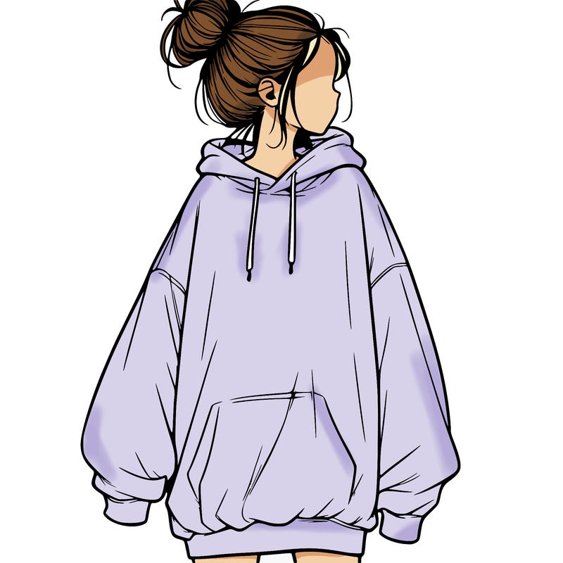 realistic girl with a oversized sweatshirt on and a bun