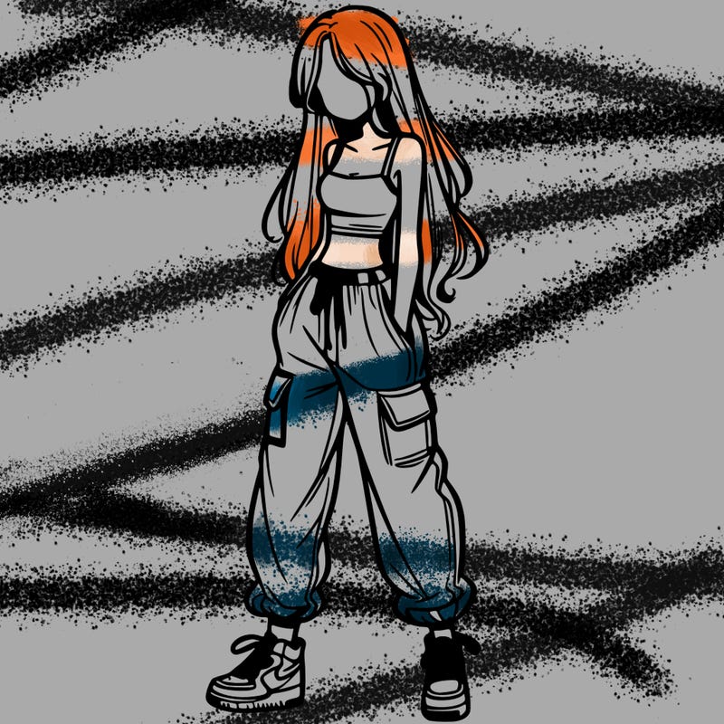 girl in baggy pants crop top and long hair