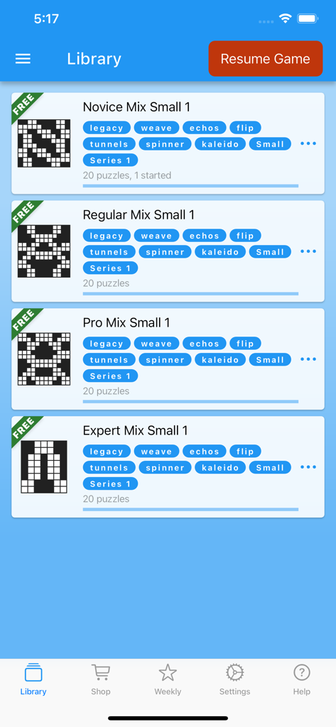 Kakuro - Classic - A tela da biblioteca do aplicativo Kakuro Classic exibindo pacotes de quebra-cabeças que variam de novato a especialista.