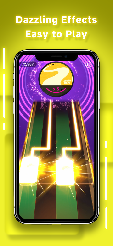 Hi Beatz - A smartphone showing gameplay of Hi Beatz rhythm game with glowing music tracks and dazzling visual effects.