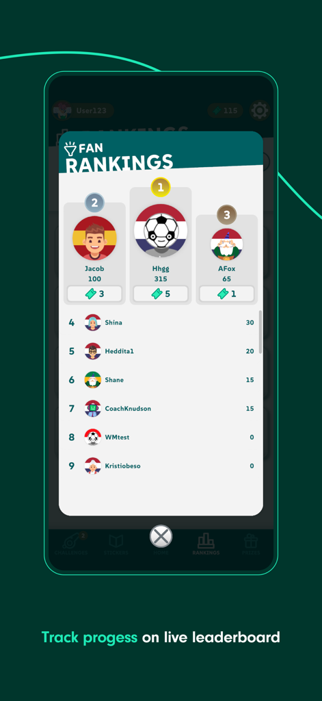 Live-Rangliste, die die Fan-Rankings in der SEA&WIN Preissuche-App anzeigt