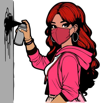 realistic girl with mask spray painting a wall