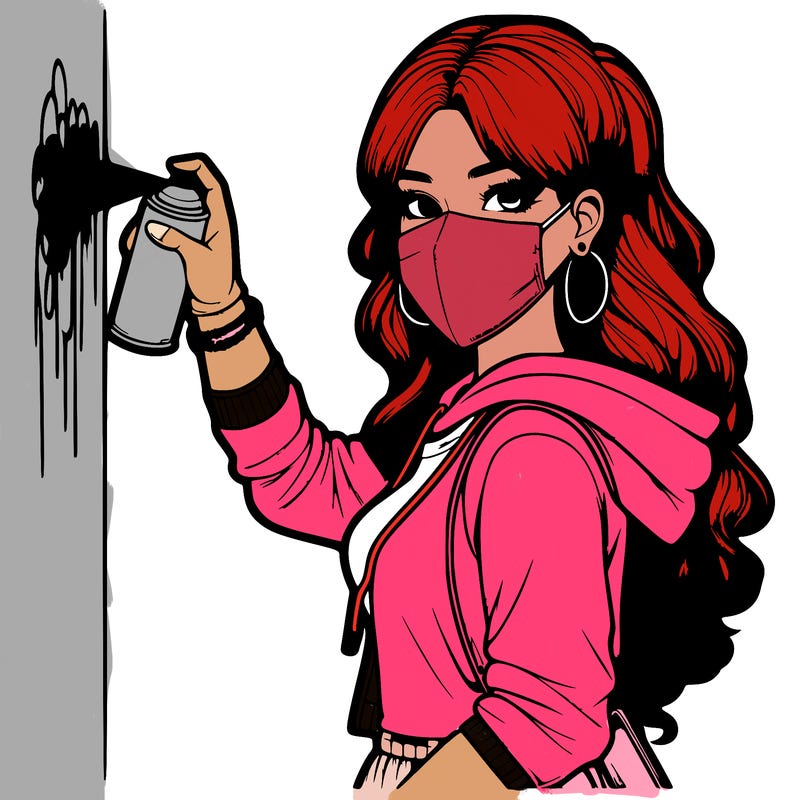 realistic girl with mask spray painting a wall