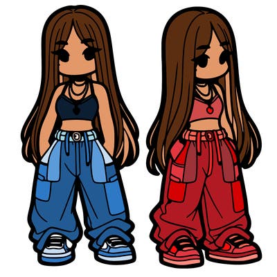 girl in baggy pants crop top and long hair