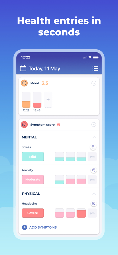 Bearable app screen showing daily tracking for mood mental health and physical symptoms