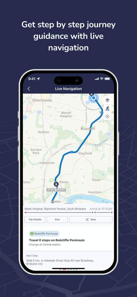 Translink app interface showing a live navigation map with route guidance and trip details.