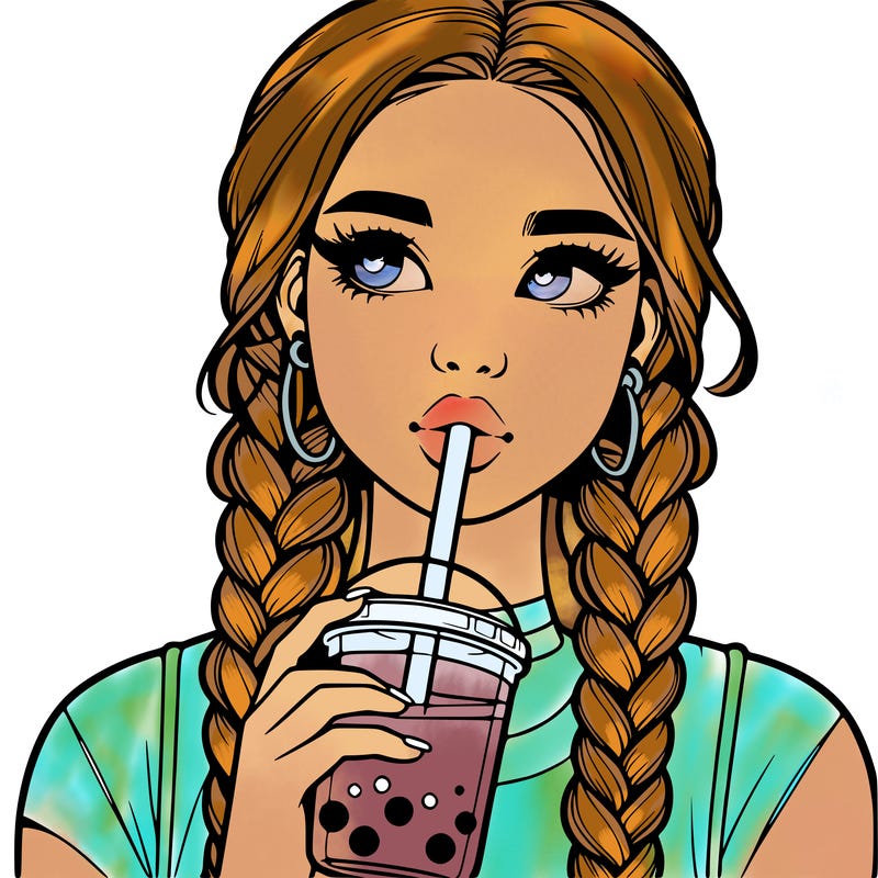 realistic girl with braided hair drinking boba