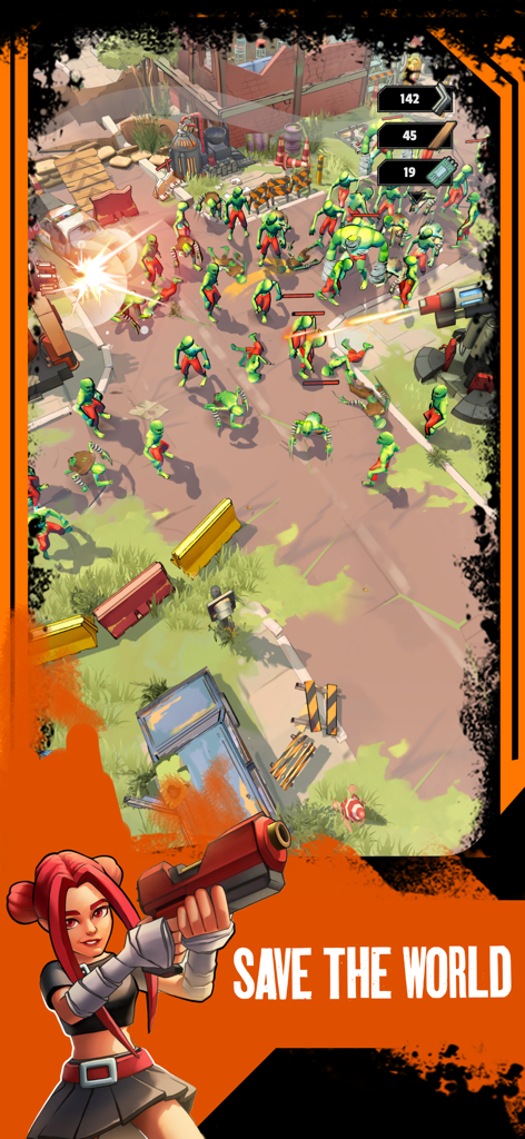 A female character with a gun and a defensive turret fighting a horde of zombies in a cel-shaded urban street.