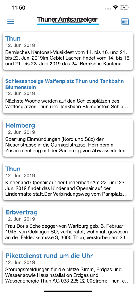 Thuner Amtsanzeiger Mobile - Mobile App-Oberfläche, die eine Liste offizieller Gemeindeinformationen und lokaler Nachrichten für die Region Thun anzeigt