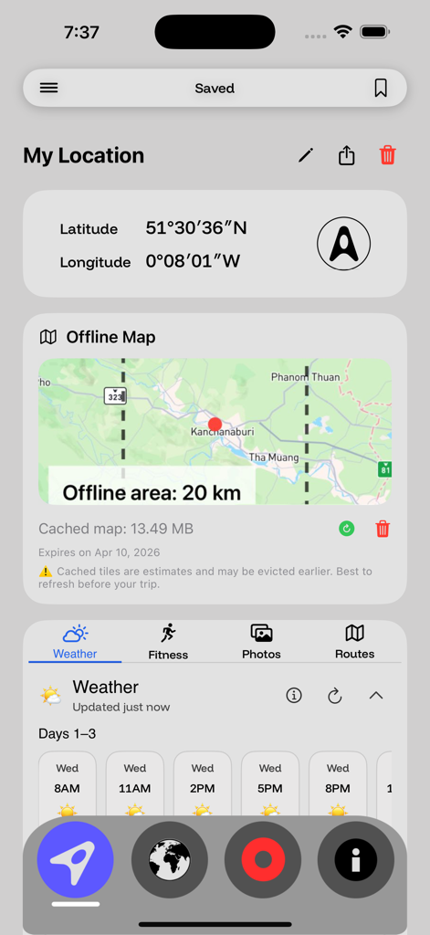 Offline GPS Tracker & Compass - Interfaz de la aplicación Rastreador GPS sin conexión que muestra coordenadas, un área de mapa en caché y un panel de pronóstico del tiempo.